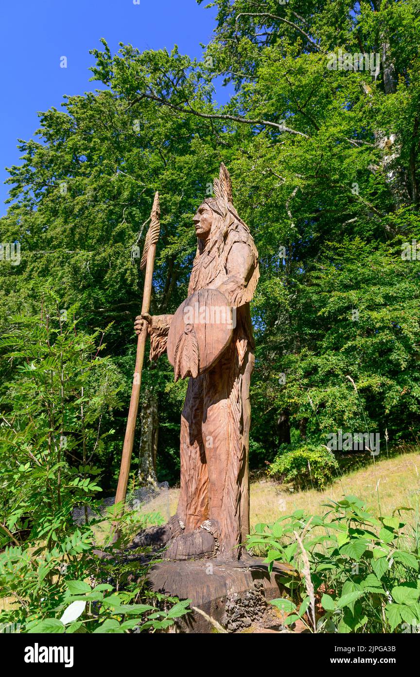 Sculpture nord-américaine indigène dans les jardins botaniques de Dawyck, Stobo près de Peebles en Écosse Banque D'Images
