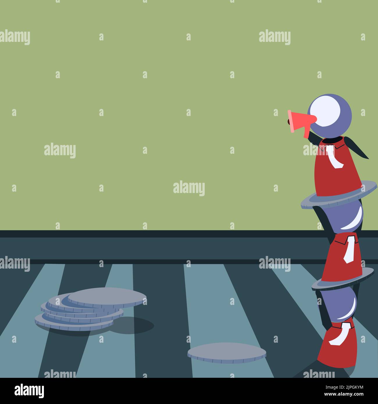Des robots se tenant les uns au-dessus des autres et présentant des messages importants avec Megaphone. Robots montrant des informations de base. Idées critiques affichées. Illustration de Vecteur