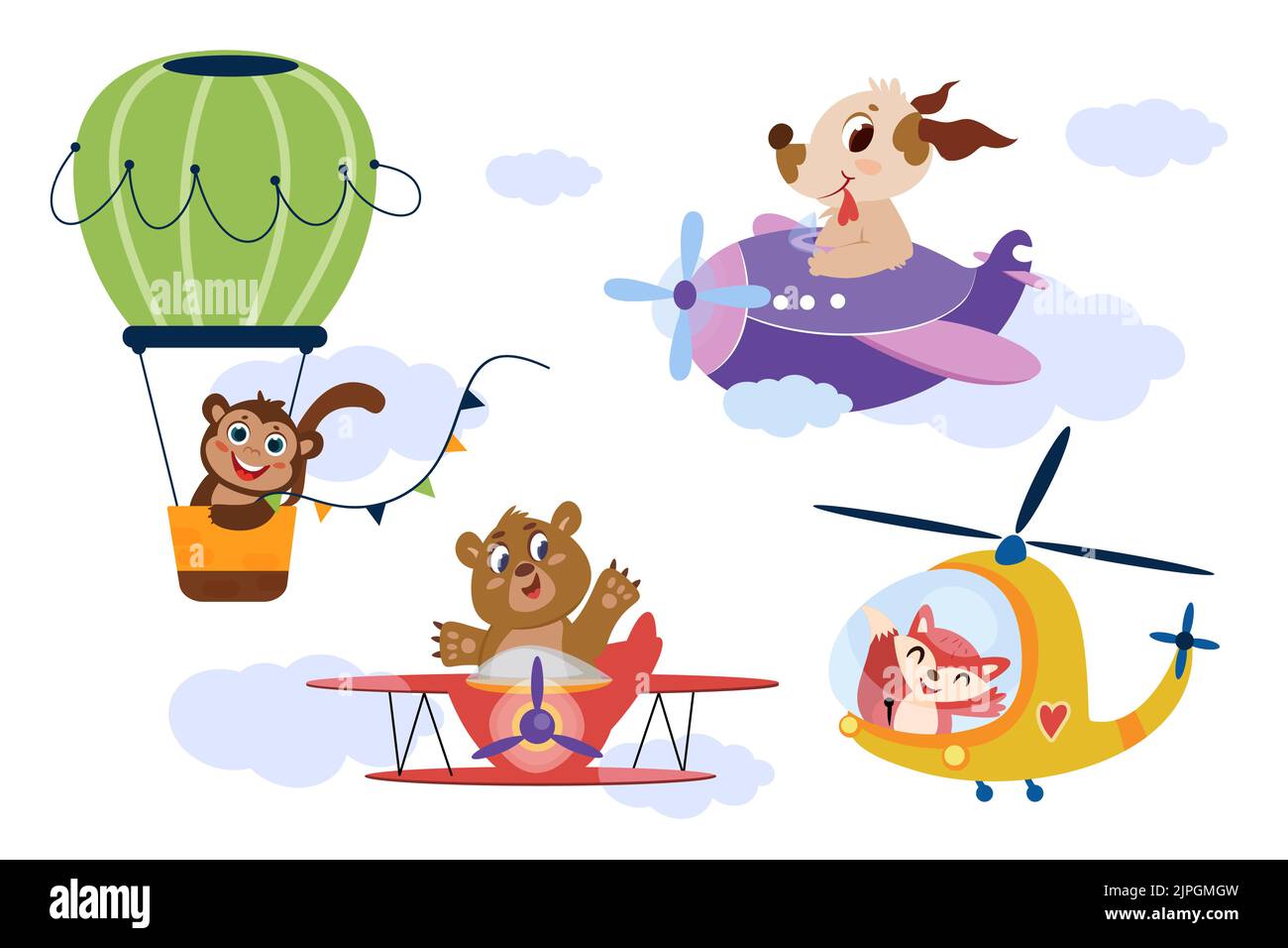 Animaux mignons dans les avions. Personnages heureux volant en avion, hélicoptère et montgolfière dans le ciel. Avion de pilotage drôle de renard, chien, singe et ours. Ensemble de transport aérien de dessin animé avec aviateurs souriants. Illustration de Vecteur