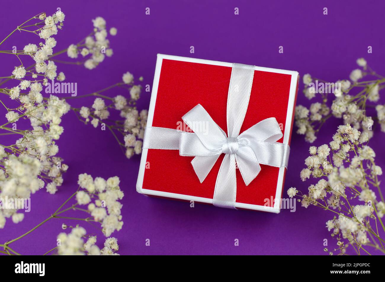 Boîte cadeau rouge avec ruban blanc sur fond violet et bouquet de gitsophila Banque D'Images