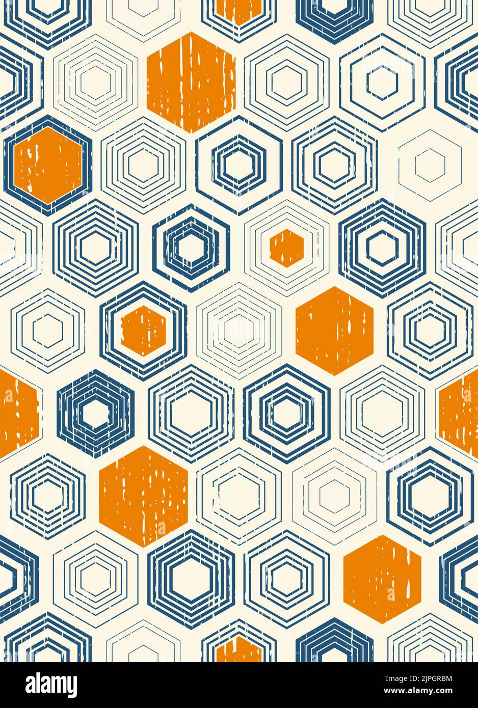 Motif hexagonal chaotique sans couture. Texture taille basse tendance. Fond monochrome moderne vectoriel. Imprimé géométrique bleu et orange Illustration de Vecteur