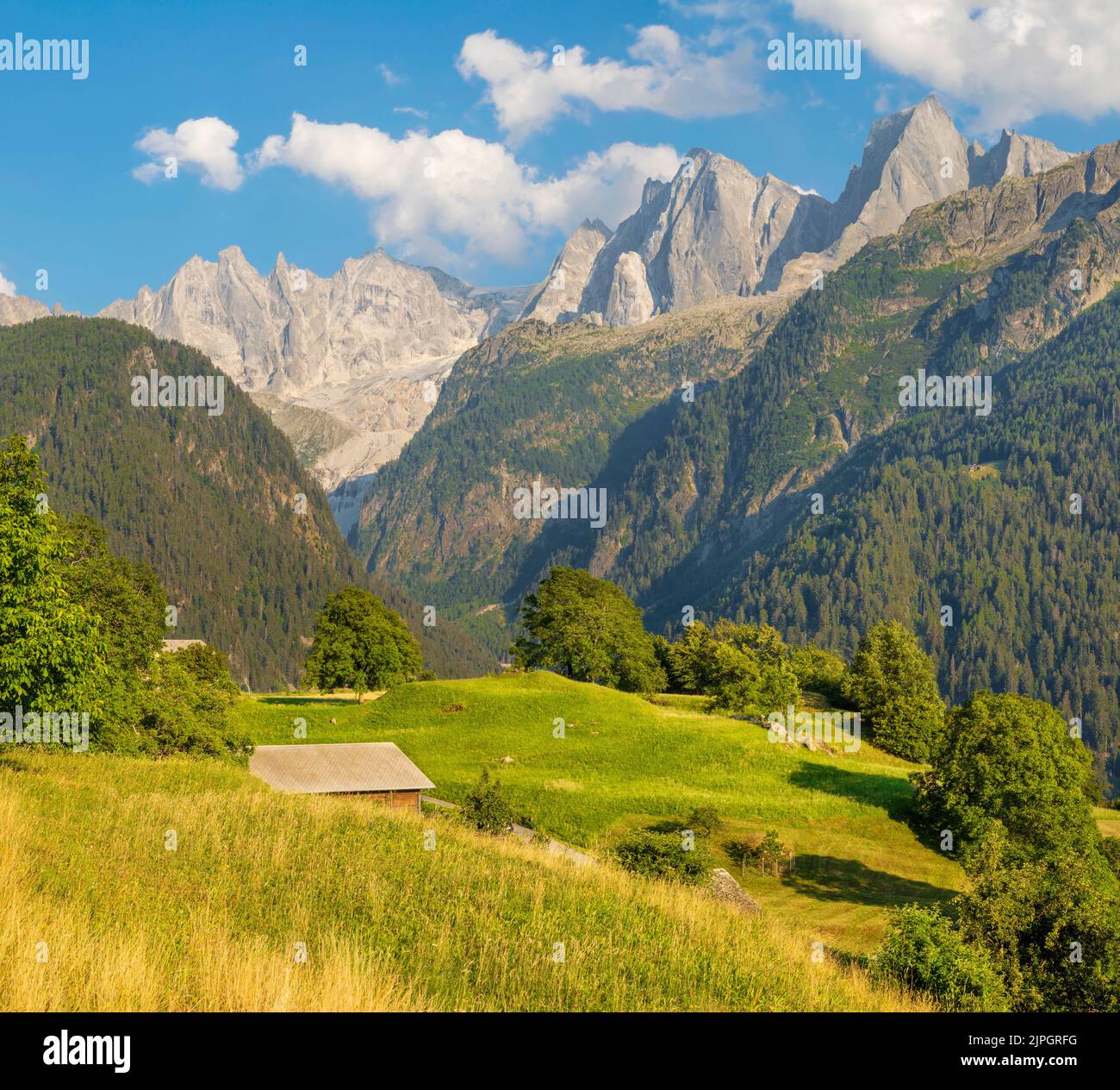 Les pics de Piz Badile, Pizzo Cengalo et Sciora dans la gamme Bregaglia - Suisse. Banque D'Images