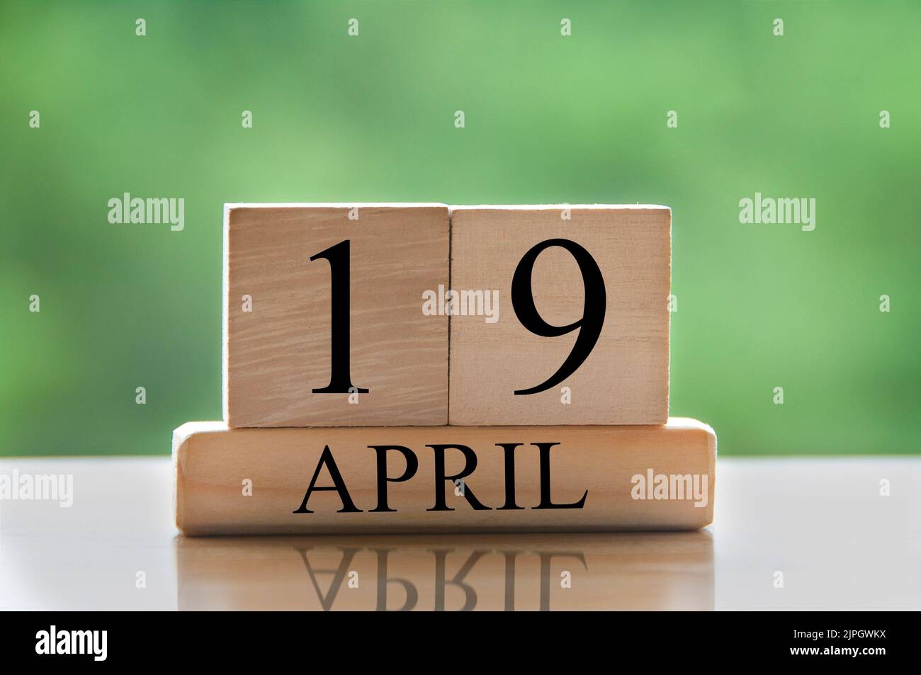 Texte de date du calendrier 19 avril sur des blocs de bois avec un arrière-plan de parc flou. Concept d'espace de copie et de calendrier. Banque D'Images