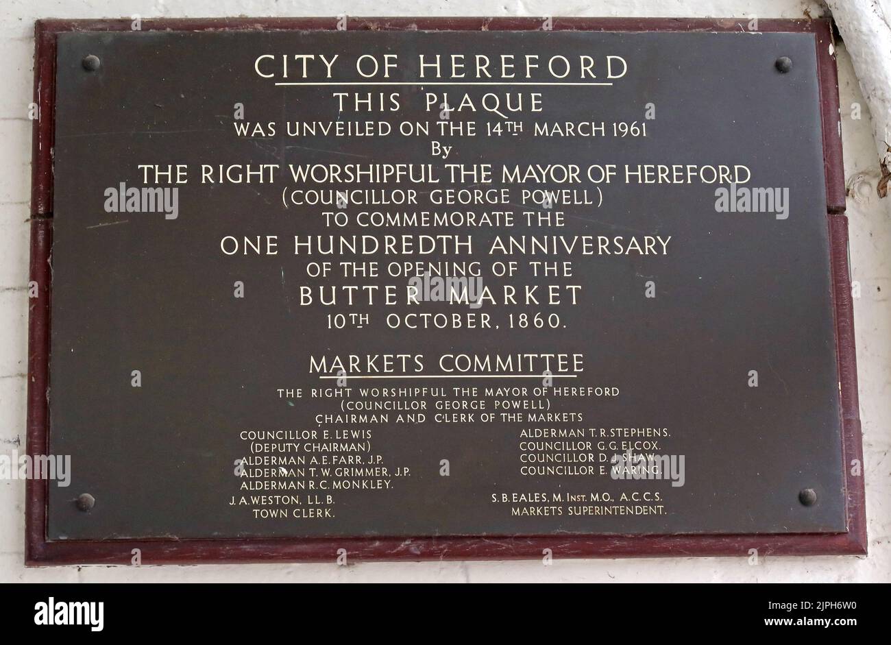 14th mars 1961 - la ville de Hereford 100th anniversaire Butter Market plaque Banque D'Images