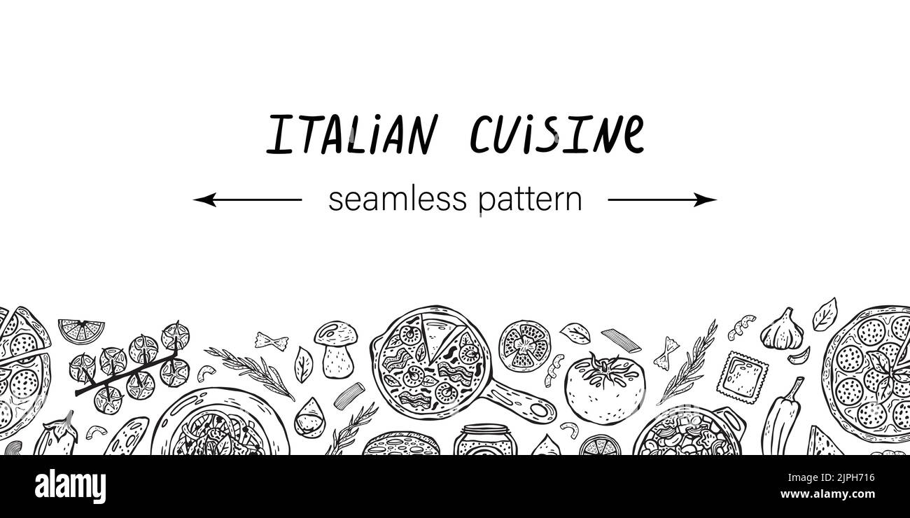 Motif horizontal vectoriel sans couture d'illustrations dessinées à la main de la cuisine italienne. Illustration de Vecteur