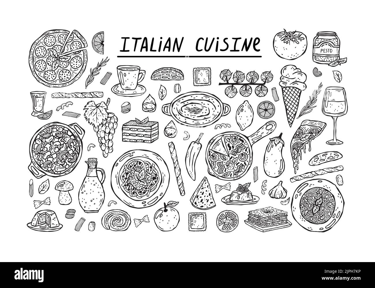 Ensemble vectoriel d'illustrations dessinées à la main de la cuisine italienne. Illustration de Vecteur