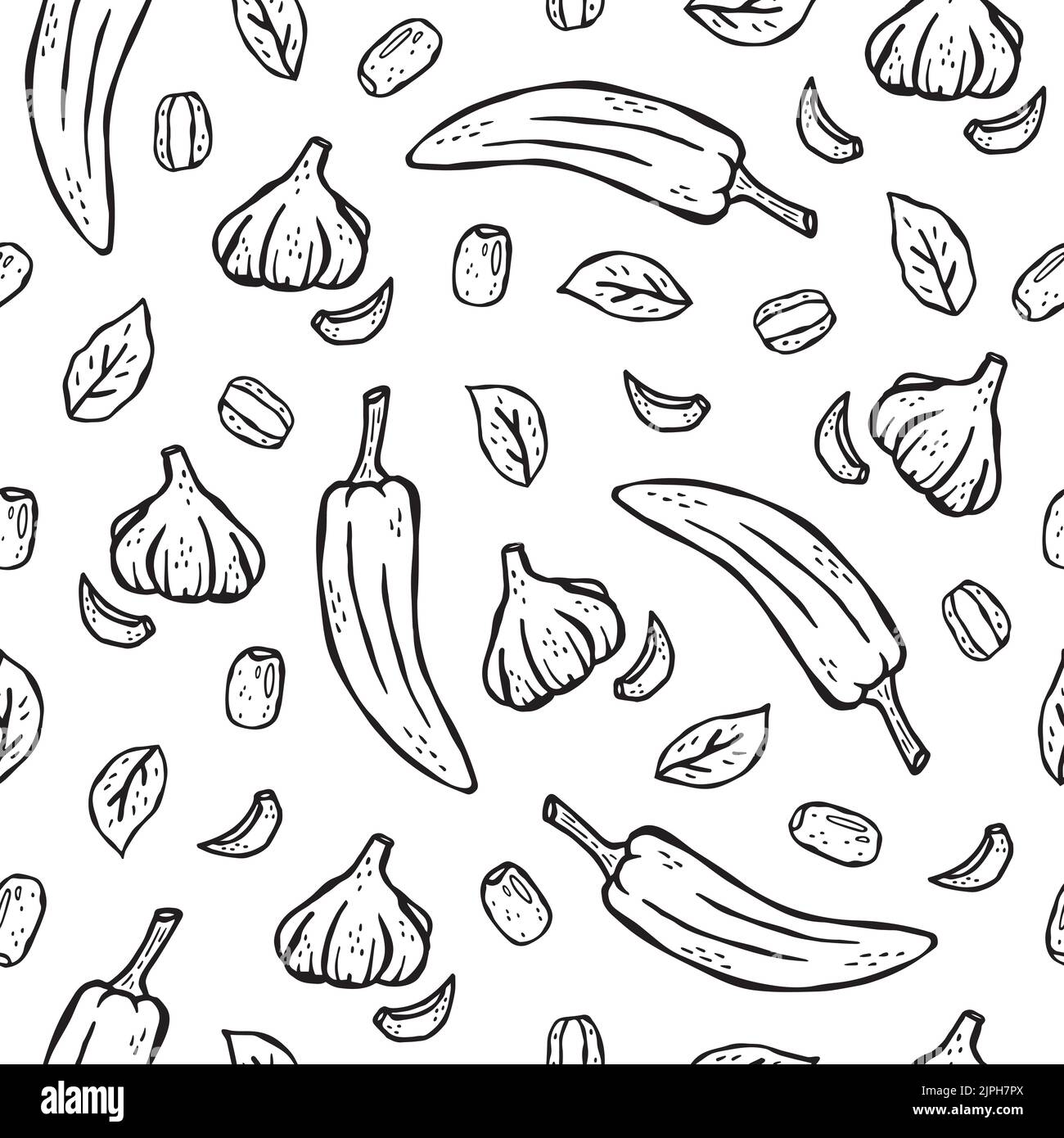 Illustration de produits dessinés à la main à motif vectoriel sans couture pour la cuisine italienne. Ail, olives, poivre, basilic Illustration de Vecteur