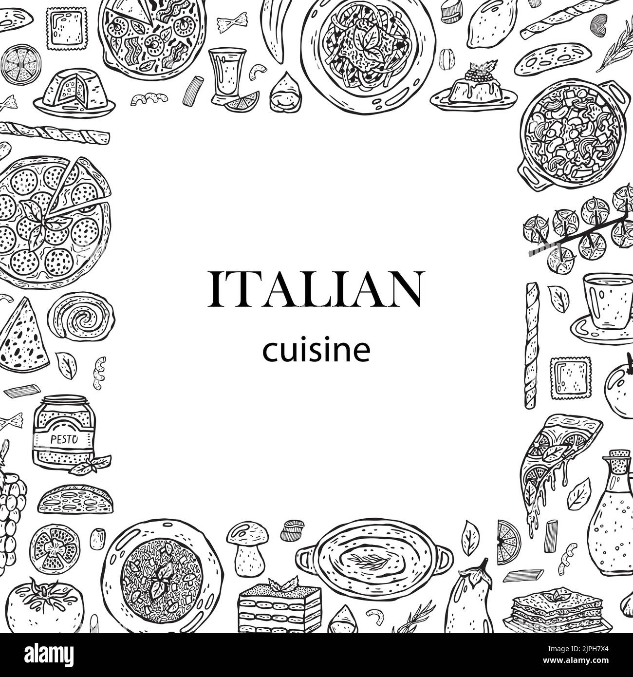 Modèle vectoriel illustrations dessinées à la main de la cuisine italienne. Illustration de Vecteur