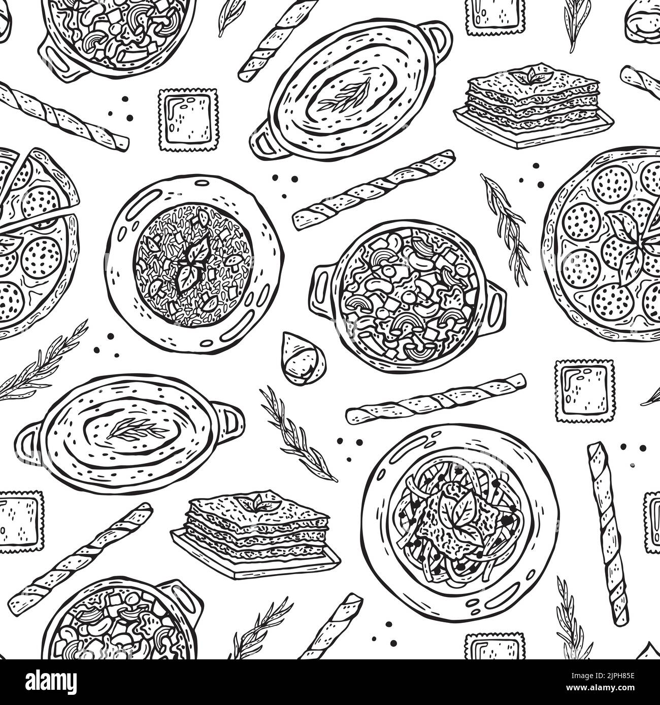 Motif vectoriel sans couture d'illustrations dessinées à la main de la cuisine italienne. Illustration de Vecteur