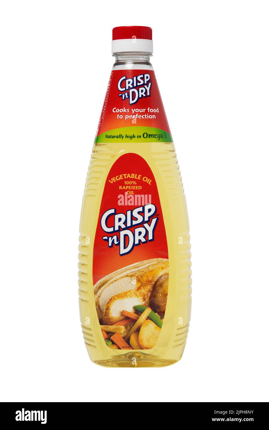 Bouteille d'huile végétale croustillante et sèche. Photo de studio découpée en blanc. Crisp 'n Dry est une marque d'huile végétale Banque D'Images
