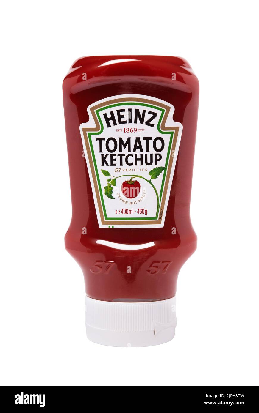 Sauce Heinz au ketchup de tomates en bouteille de plastique. Studio sur découpe blanche Banque D'Images