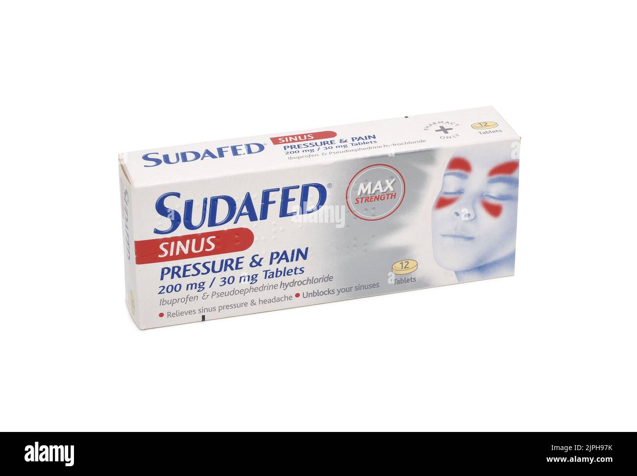 Photographie du paquet de comprimés de soulagement de douleur Sinus Sudafed isolés sur fond blanc découpé Banque D'Images