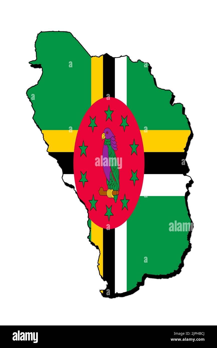 Silhouette de la carte de la Dominique avec son drapeau Banque D'Images