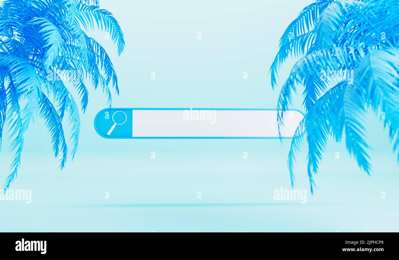 Barre de recherche Internet avec palmiers tropicaux d'été. Concept de recherche de vacances. 3D rendu Banque D'Images