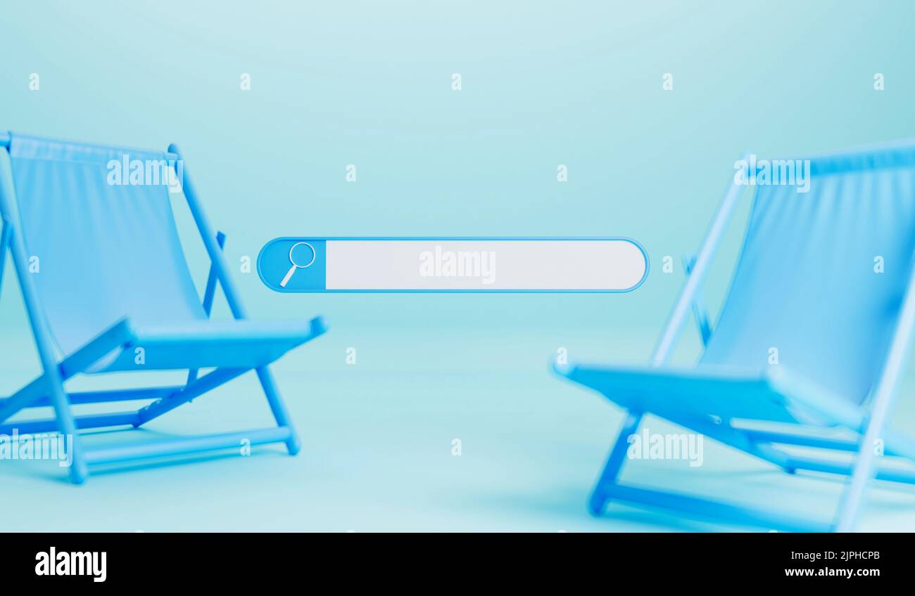 Recherche de vacances d'été en ligne. Barre de recherche vierge avec chaise longue. 3D rendu Banque D'Images