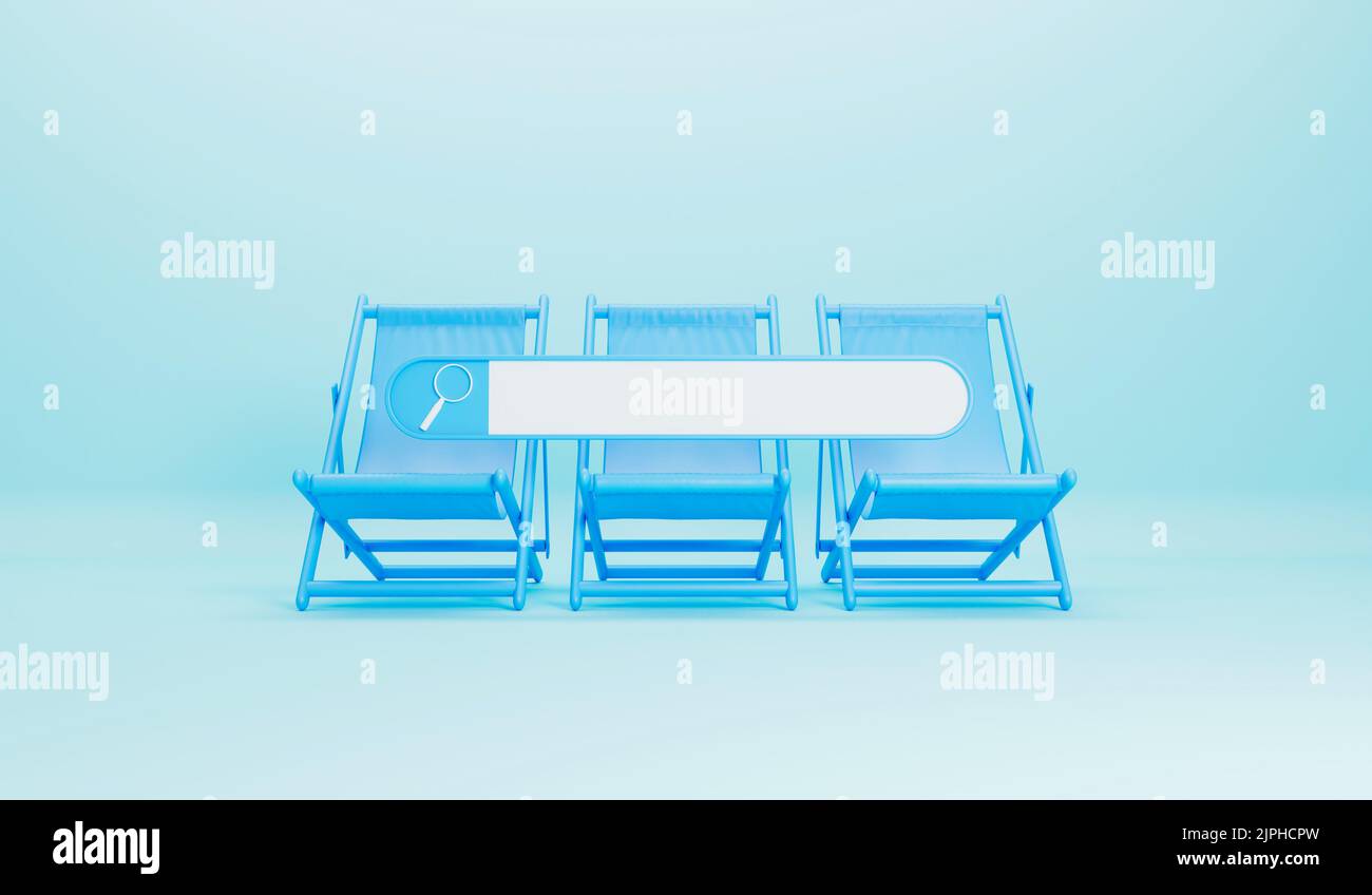 Recherche de vacances d'été en ligne. Barre de recherche vierge avec chaise longue. 3D rendu Banque D'Images