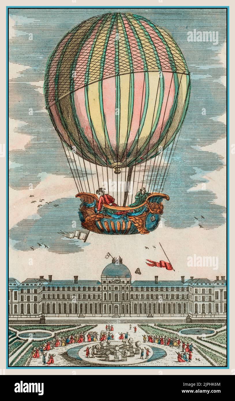 Illustration ancienne Premier vol en montgolfière à hydrogène. France EXPENCE du globe terrestre du MM. Charles et Robert au jardin des Thuileries le 1er décembre 1783, A Paris : Chez Esnauts et Rapilly, rue Saint-Jacques, à la ville de Coutances, [1783] Jacques Alexandre César Charles et Nicolas-Louis Robert pilotant dans la gondole d'un ballon montant du jardin des Tuileries, Paris, France, 1 décembre 1783 lors du premier vol en montgolfière à hydrogène. «Premier voyage aérien exposé dans un aérostat à gaz dihydrogène par Jacques Alexandre César Charles et Nicolas-Louis Robert» Banque D'Images