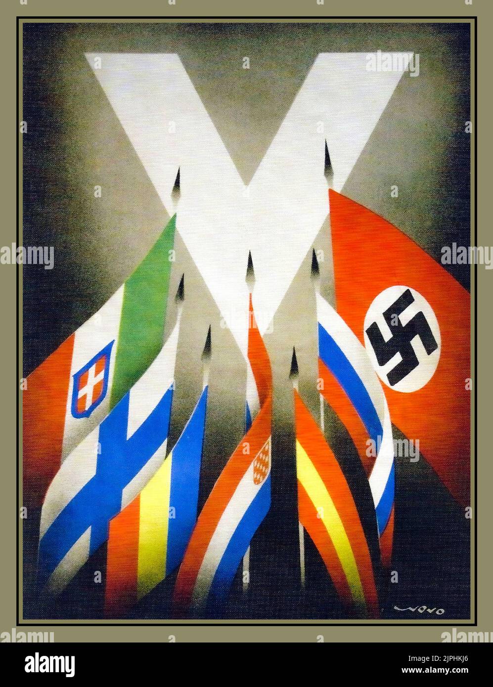 1930s Axis Flags Poster avec l'Allemagne nazie Swastika Flag en vedette, avec 'V' pour la victoire superposée à des fins de propagande politique WW2 Seconde Guerre mondiale Banque D'Images