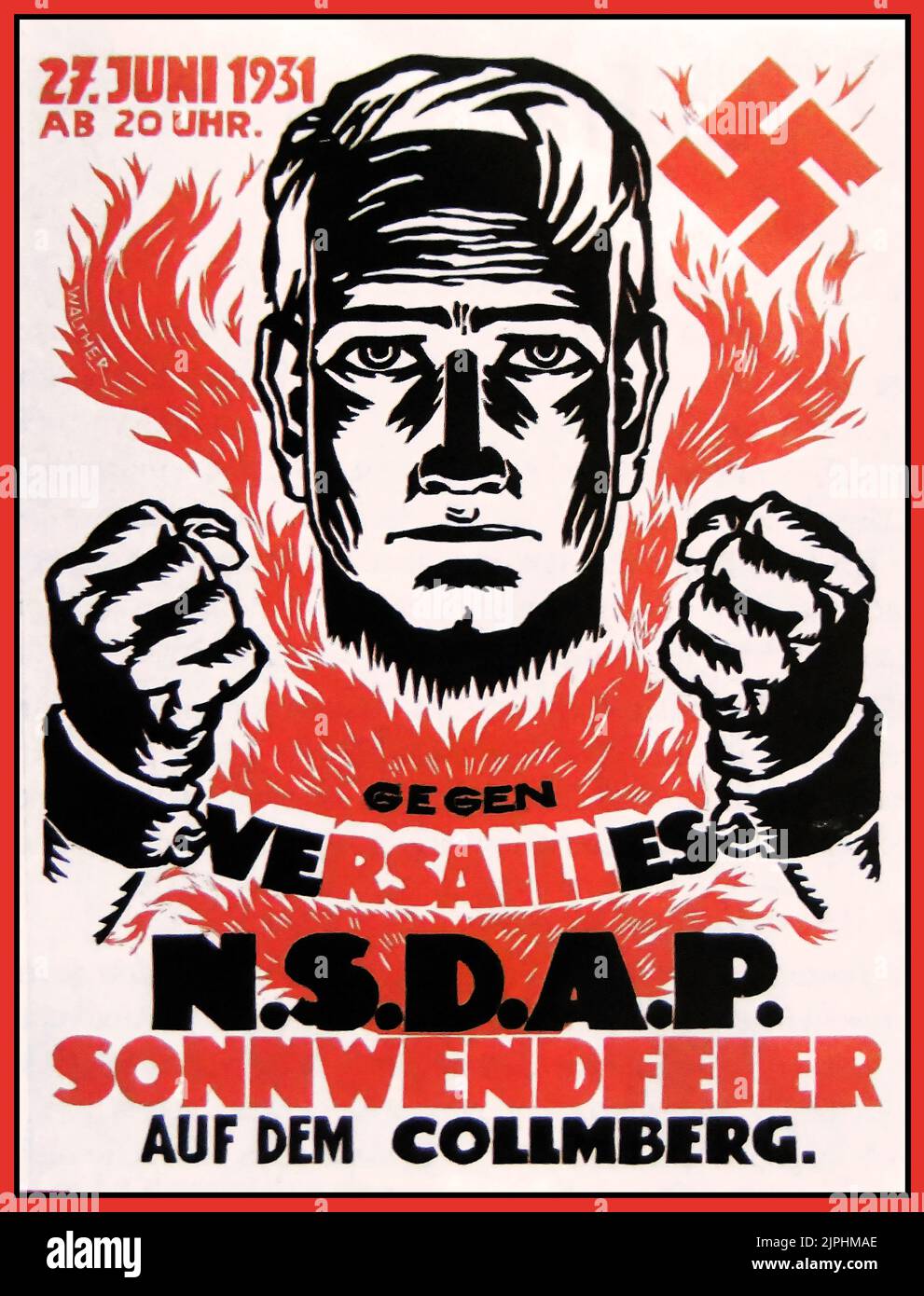 Affiche nazie vintage 1931 « Gegen Versailles » (contre Versailles). Une affiche publicitaire pour un festival de mi-été organisé le 27 juin 1931 par le NSDAP sur Collmberg près de Leipzig. Allemagne nazie Banque D'Images