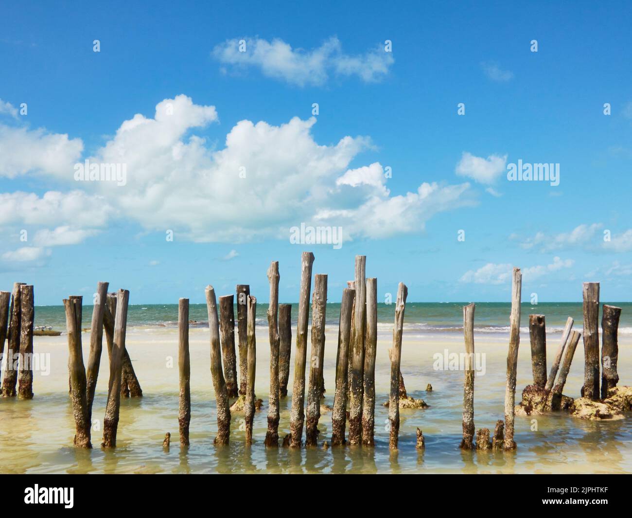 Un paysage de plage solitaire avec des bois dans le sable d'une vieille passerelle Banque D'Images
