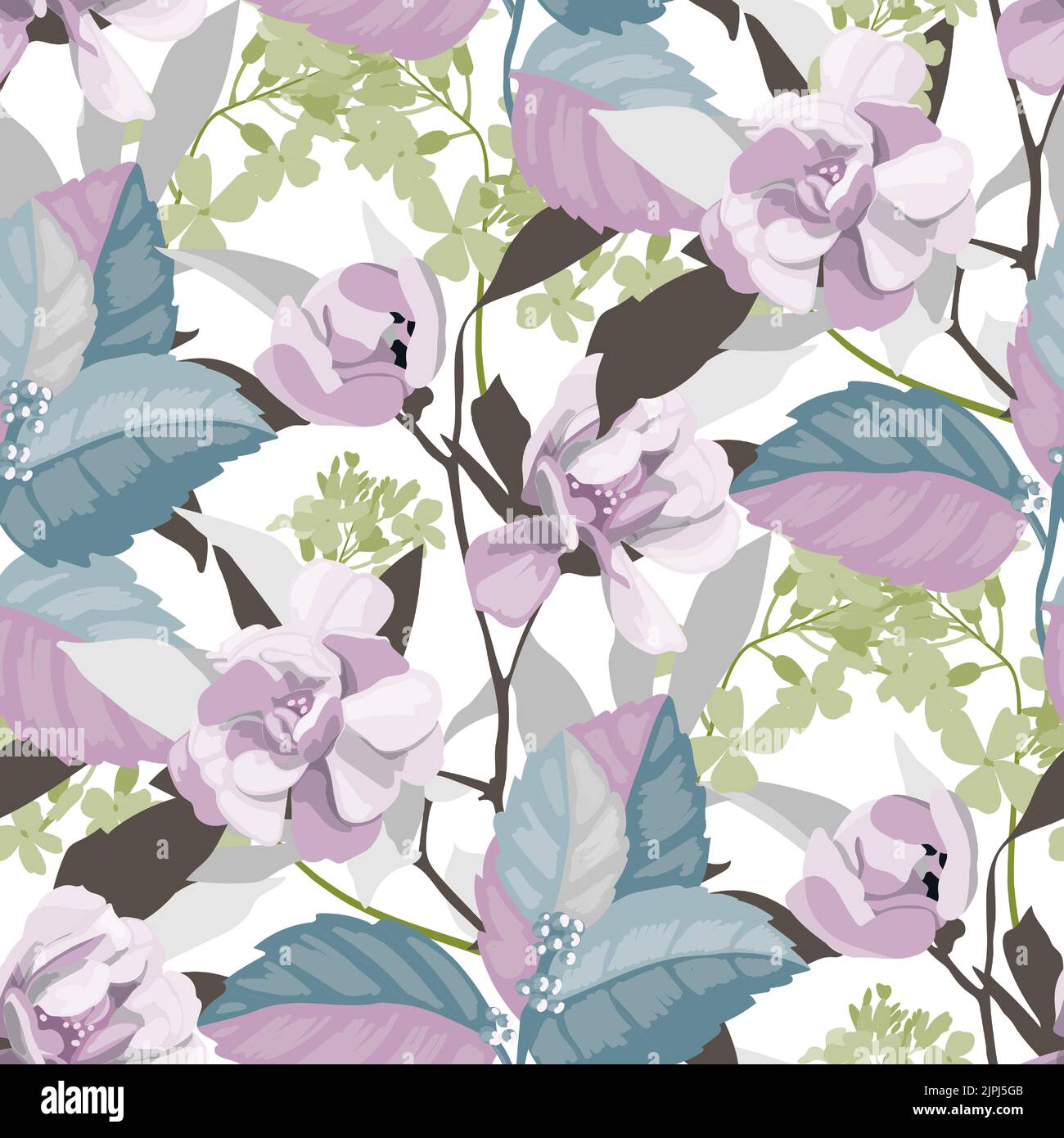 Motif fleuri vectoriel sans couture dans des couleurs pastel. Lilas pâle, olive pâle, fleurs turquoise pâle, brindilles et feuilles sur fond blanc. Illustration de Vecteur