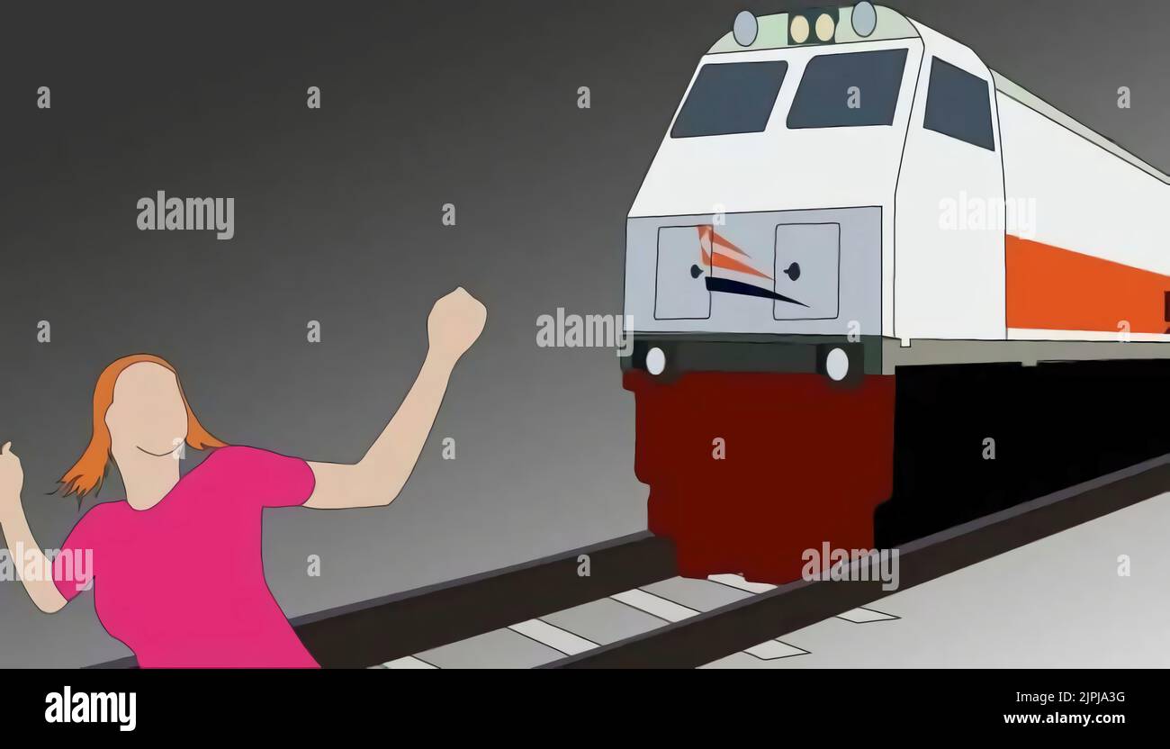 Une illustration simple d'une femme qui s'éloigne d'un train Banque D'Images