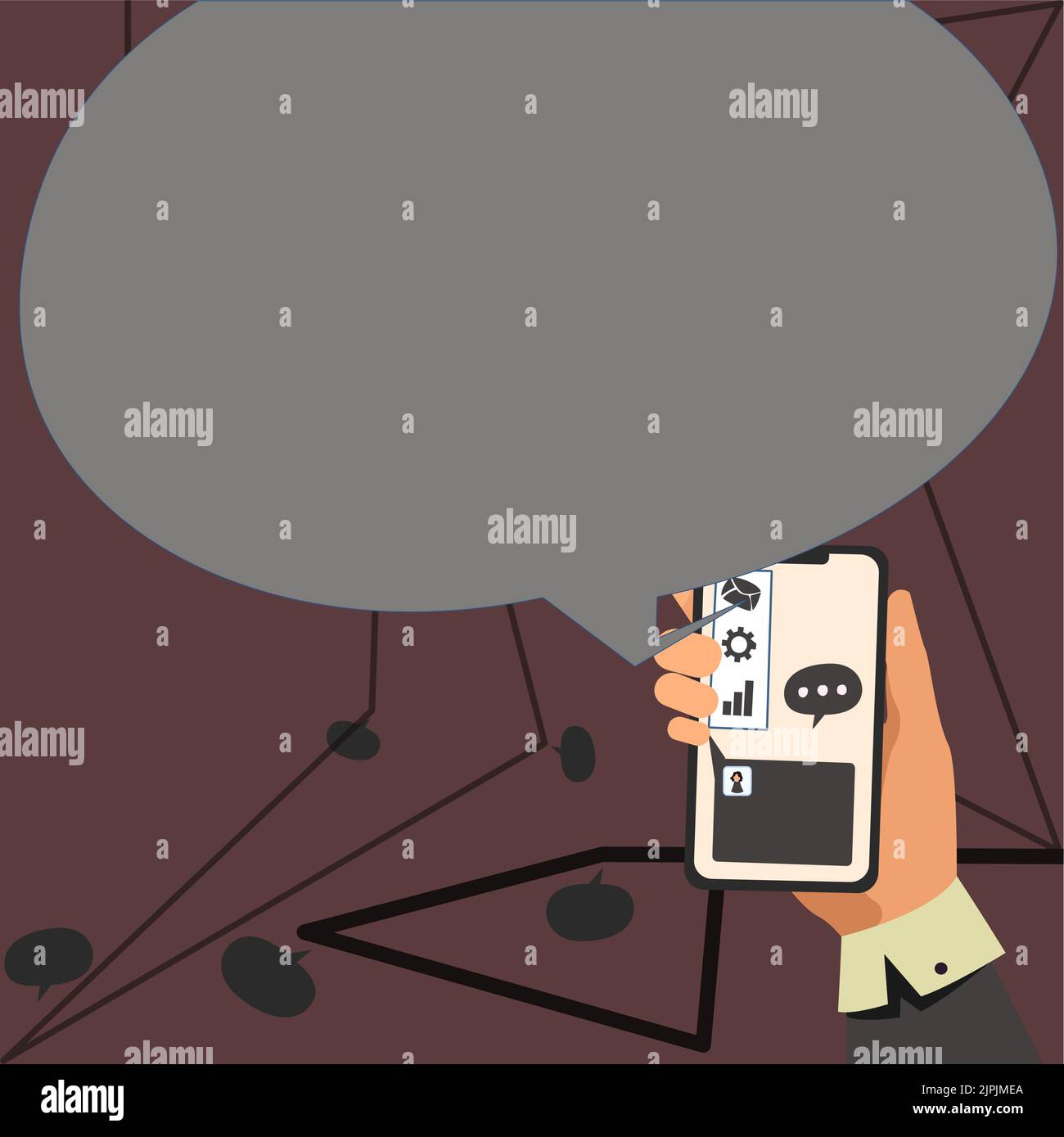 Homme d'affaires tenant le téléphone mobile et la bulle de parole s'est ...