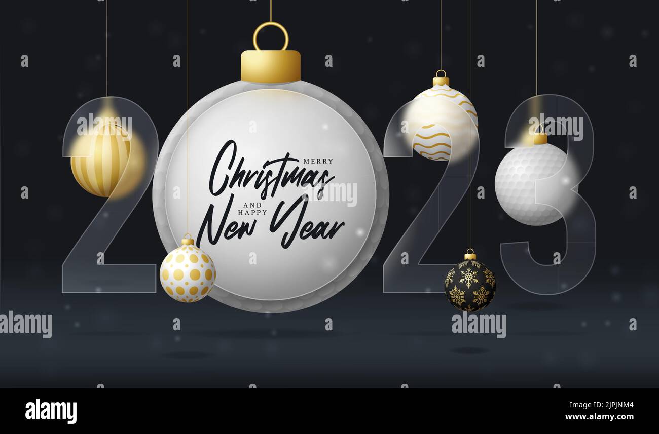 Bannière ou carte de voeux de solde Golf 2023. Joyeux Noël et bonne nouvelle année 2023 bannière sport avec glassmorphisme ou effet de flou de verre-morphisme. Réaliste Illustration de Vecteur