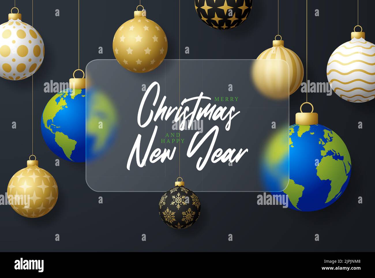 Bannière ou carte de vœux de Noël planète Terre. Joyeux Noël et bonne bannière sport de la nouvelle année avec effet de flou de glassmorphisme ou de morphisme de verre. Illustration de Vecteur