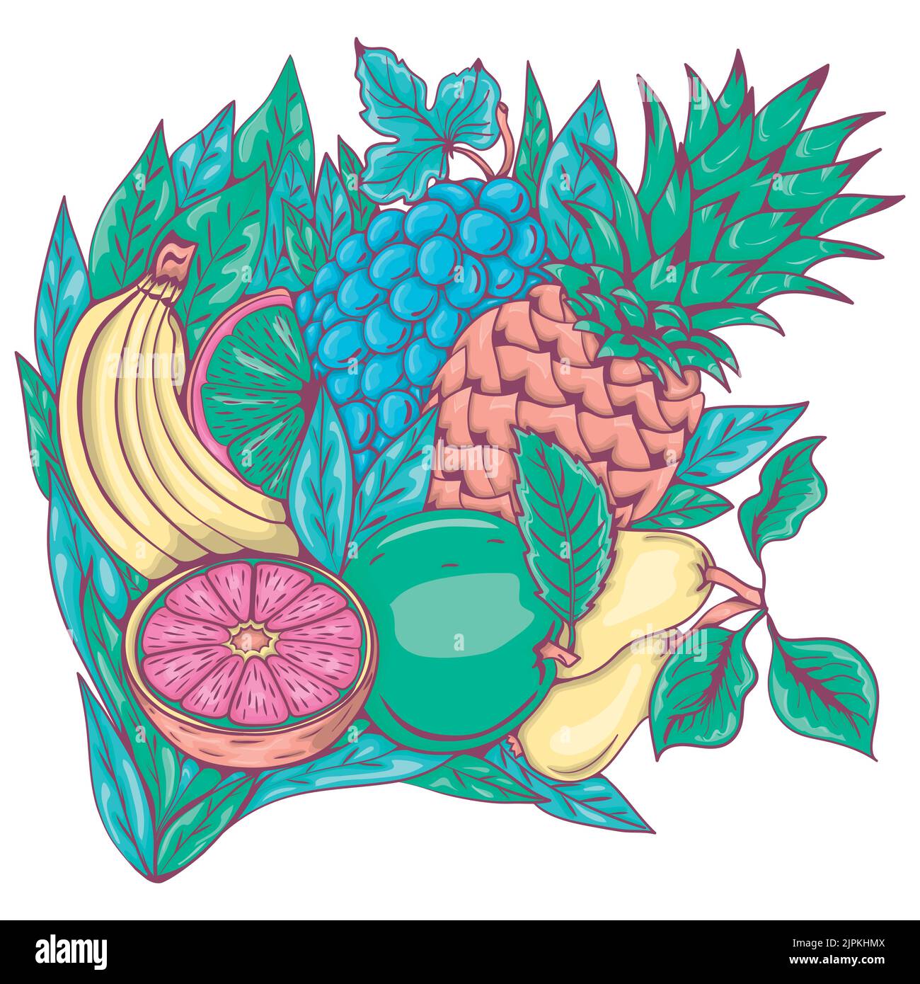 Cocktail de fruits. Ensemble de fruits tropicaux sur fond de feuilles vertes. Bouquet de fruits. Illustration de Vecteur
