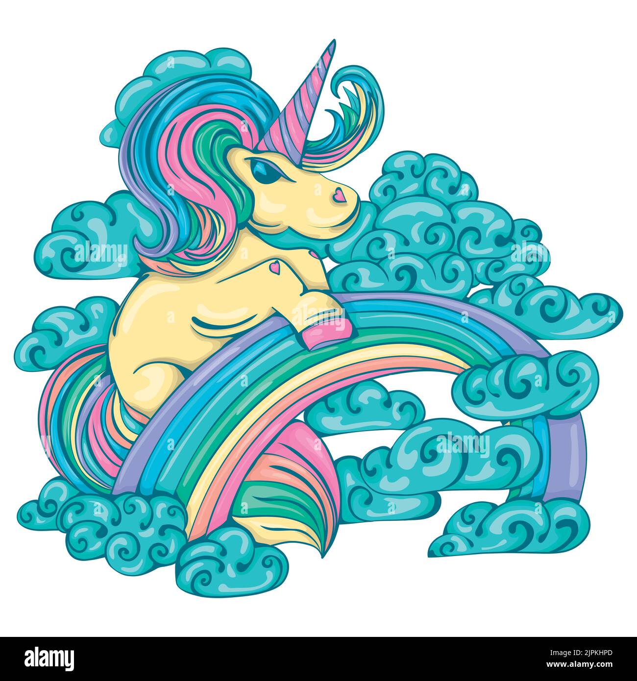 Licorne dans les nuages sur l'arc-en-ciel. Ambiance amusante. Illustration de conte de fées. Illustration de Vecteur