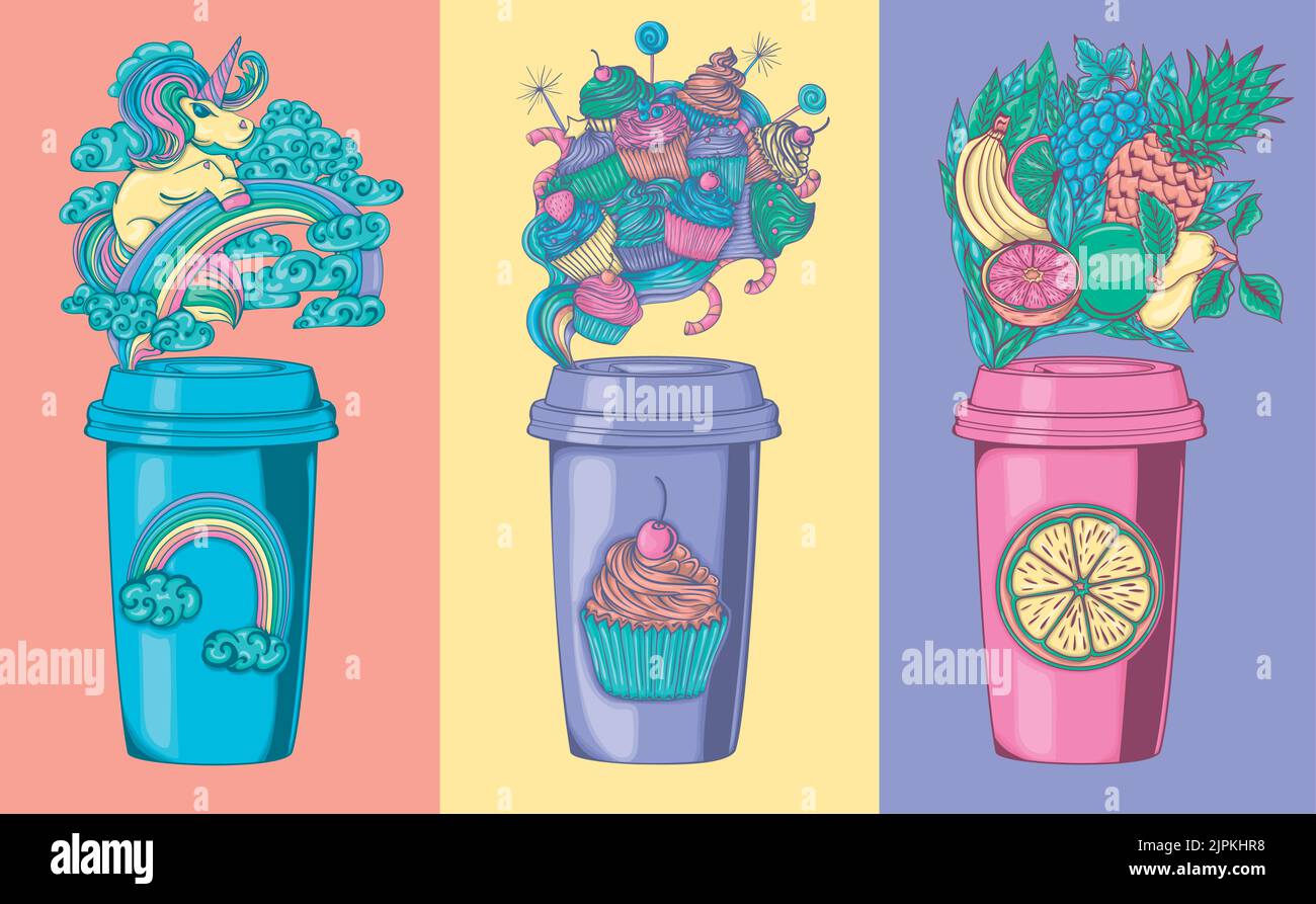 Café UNICORN. Café arc-en-ciel. Gâteaux café. Café d'humeur douce. Café fruité. Illustrations d'une tasse à café avec des ingrédients sucrés. Colo Illustration de Vecteur