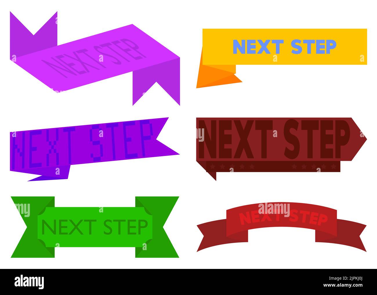 Jeu de ruban avec texte de l'étape suivante. Modèle de bannière. Autocollant d'étiquette. Signe. Illustration de Vecteur