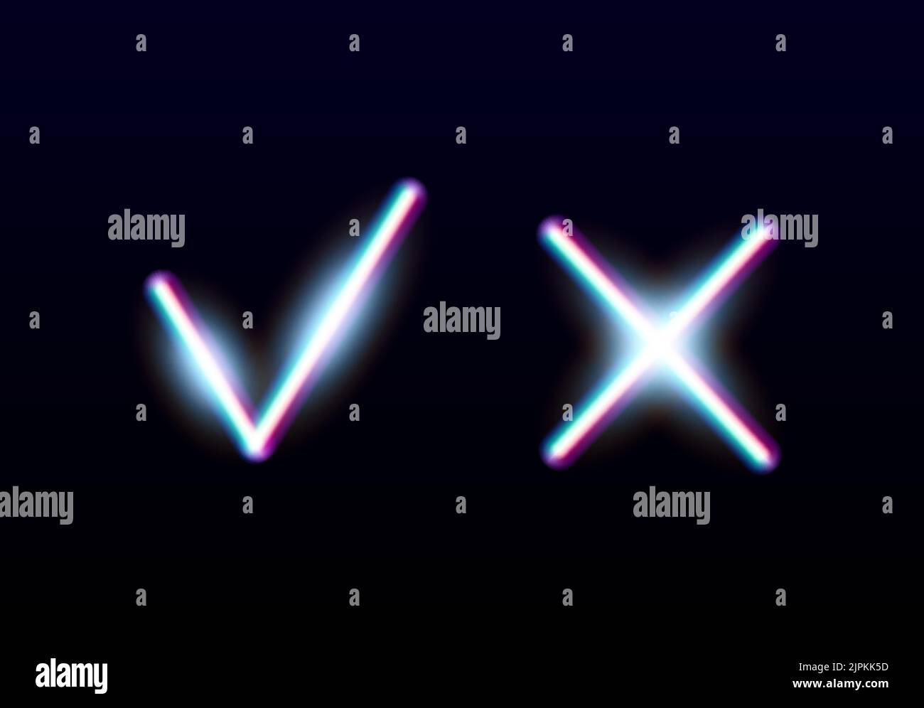 Néon lumineux oui et pas de coches. Vérifier les signes de brillance et de croisement. Voter approuver et rejeter les icônes lumineuses. Emblèmes X et V. Illustration de Vecteur