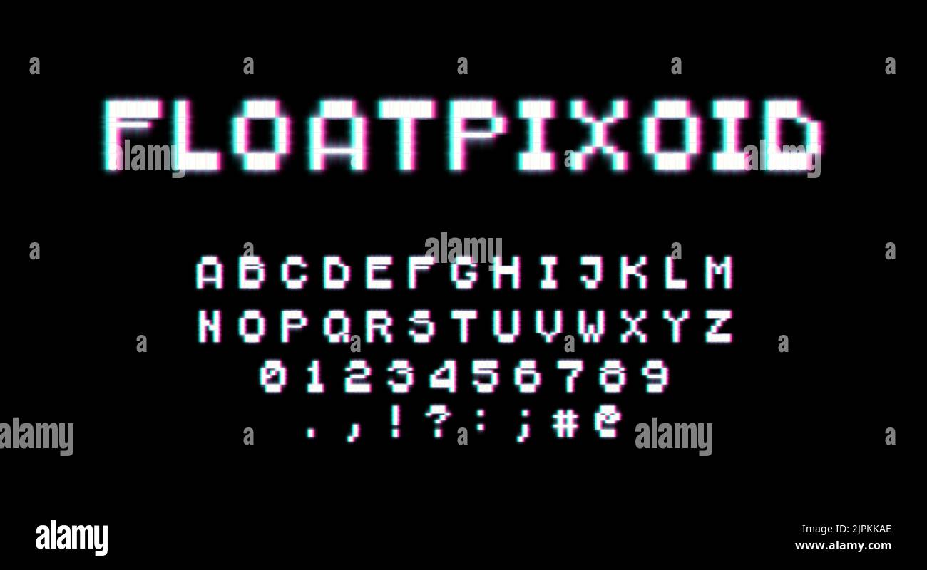 Style rétro 80s avec néon. Jeu vidéo pixel 8bit police. Jeu de caractères latins majuscules, chiffres et signes de ponctuation de style rétro. Illustration de Vecteur