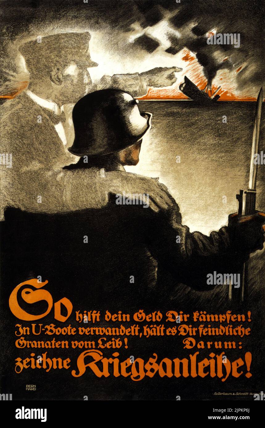 Affiche de propagande allemande de la première Guerre mondiale la légende en allemand est: 'O hilft dein Geld Dir kämpfen! Dans U-Boote verwandelt, hält es Dir feindliche Granaten vom Leib! Darum: Zeichne Kriegsanleihe!", traduit en gros par "c'est ainsi que votre argent vous aide à combattre! Transformé en sous-marins, il garde les obus ennemis loin! C'est pourquoi vous devriez souscrire à des obligations de guerre!' Banque D'Images