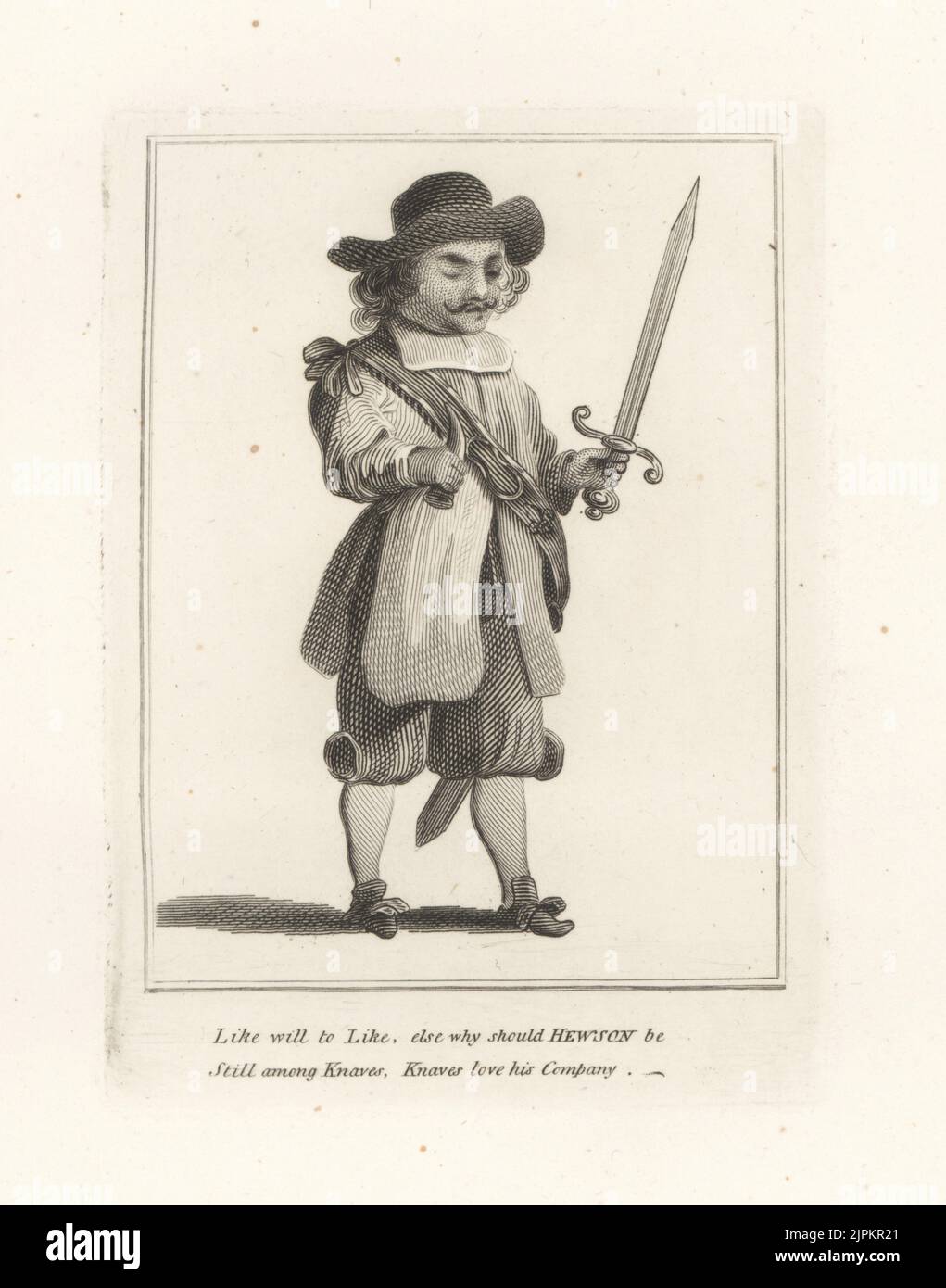 John Hewson, colonel à vue unique du Parlement, le suicide, est décédé en 1662. A combattu pendant la guerre civile anglaise, a dirigé un nouveau régiment d'Armée modèle lors de l'invasion de l'Irlande par Oliver Cromwell. En chapeau, col Uni, tunique, culottes, chaussures à boucle, avec épée, guillotine et corne de poudre. Gravure sur plaque de coperplate de la galerie des portraits rares de Samuel Woodburn, composée de plaques originales, George Jones, 102 St Martin's Lane, Londres, 1816. Banque D'Images
