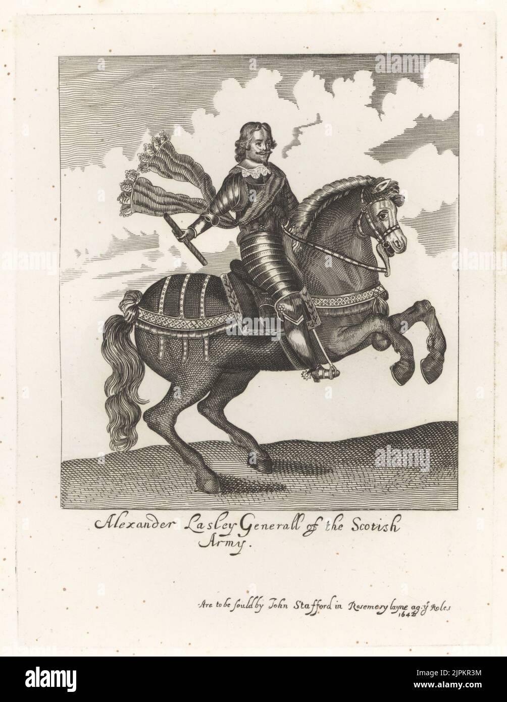 Alexander Leslie, 1st comte de Leven, général écossais pour la cause parlementaire, c.1580-1661. Le roi Charles Je lui rendit à Newark-on-Trenet en 1646. Dans la barbe van Dyke, collier de dentelle, costume d'armure de plaque, de la ceinture, monté sur un cheval, tenant un bâton. Alexander Lasley, général de l'armée écossaise. De l'étrange imprimé équestre de Earl Spencer's Clarendon, vendu par John Stafford, Rosemary Layne. Gravure sur plaque de coperplate de la galerie des portraits rares de Samuel Woodburn, composée de plaques originales, George Jones, 102 St Martin's Lane, Londres, 1816. Banque D'Images