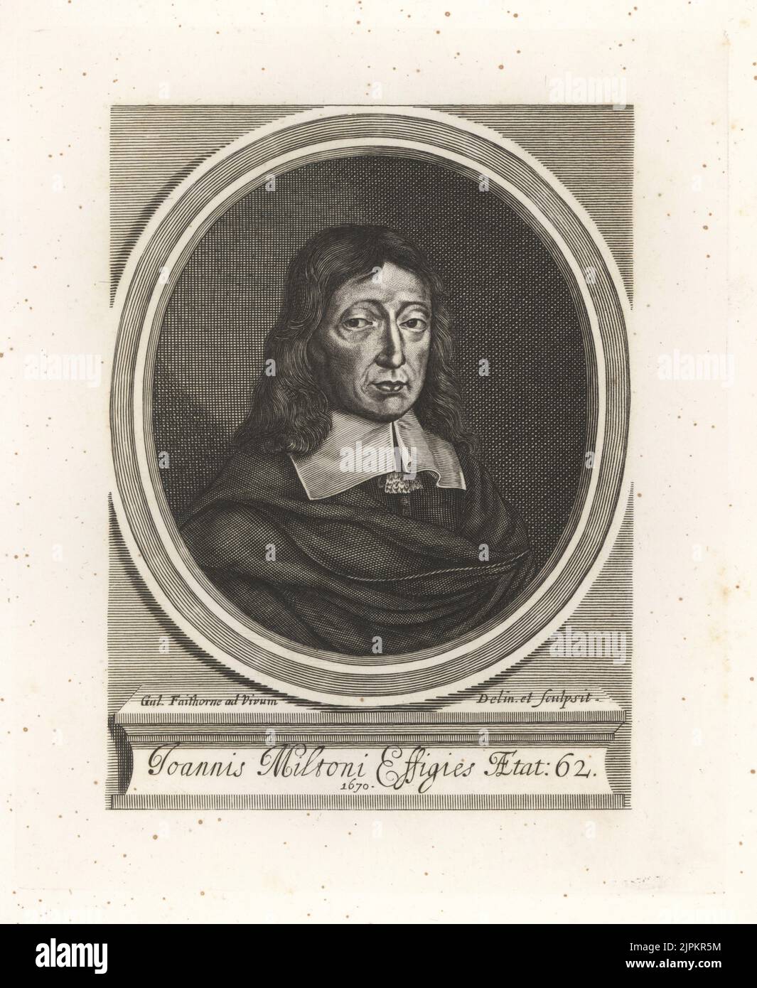 Portrait ovale de John Milton, poète anglais, 62 ans, 1608-1674. Frontispice à une édition de Paradise Lost. Avec cheveux longs, collier et robe. Joannis Miltoni effigies Aetat 62. Dessiné et gravé par William Faithorne. Gravure sur plaque de coperplate de la galerie des portraits rares de Samuel Woodburn, composée de plaques originales, George Jones, 102 St Martin's Lane, Londres, 1816. Banque D'Images