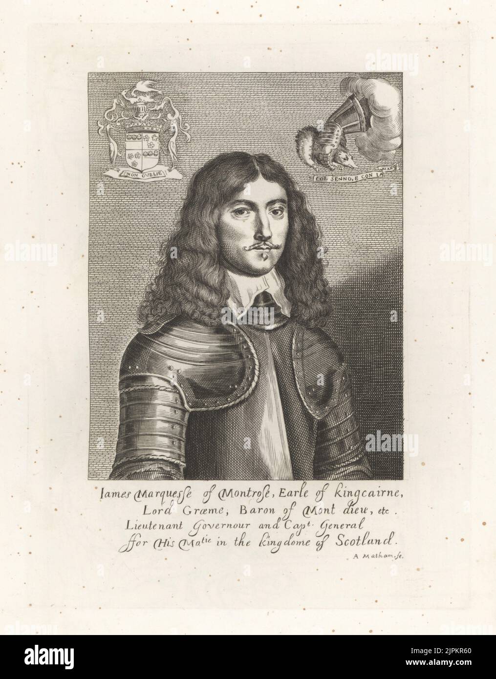 James Graham, 1st marquis de Montrose, poète et soldat écossais, 1612-1650. Le Grand Montrose, comte de Kingcairne, lieutenant-gouverneur et capitaine général du Royaume d'Écosse. Cheveux longs, col, costume d'armure, blason et écusson avec gant et hérisson. De l'rare imprimé par Adriaen Jacobz Matham. Gravure sur plaque de coperplate de la galerie des portraits rares de Samuel Woodburn, composée de plaques originales, George Jones, 102 St Martin's Lane, Londres, 1816. Banque D'Images