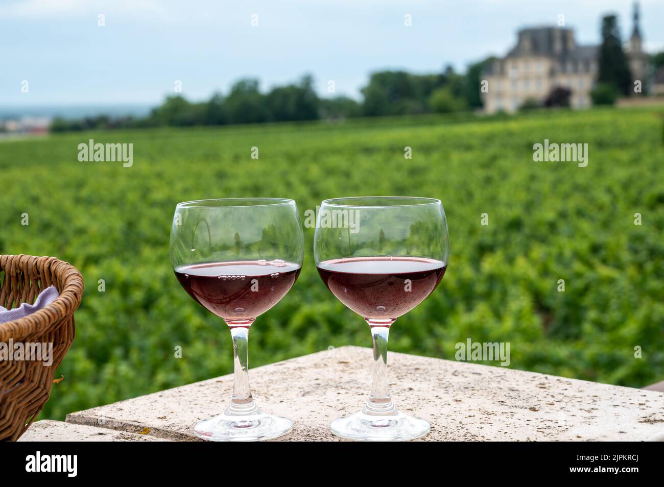 Dégustation de vin rouge sec de pinot noir en verres sur les vignobles de première et de grande cru dans la région viticole de Bourgogne près du village de Vosne-Romanée, en France Banque D'Images