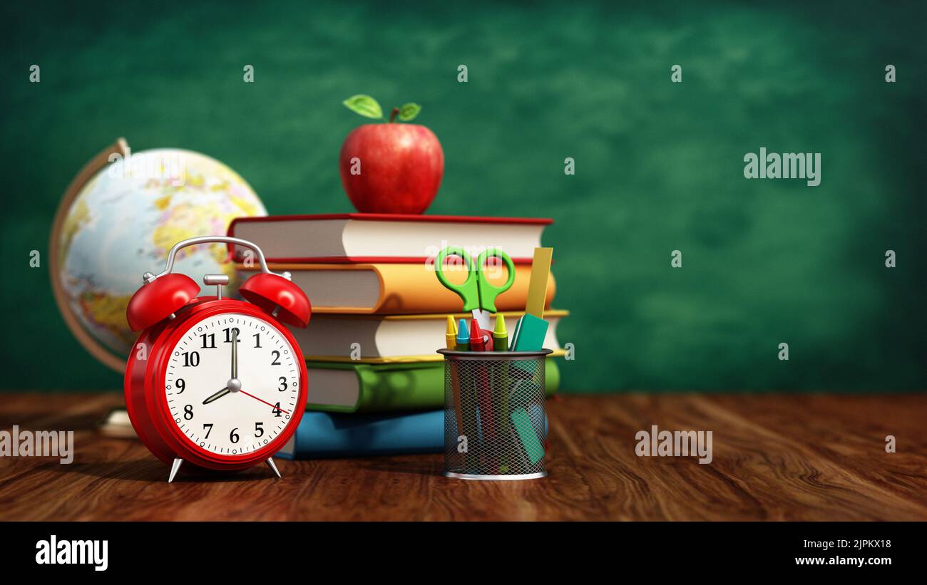 Pomme rouge, livres, porte-crayon, globe modèle et réveil sur tableau vert. 3D illustration. Banque D'Images