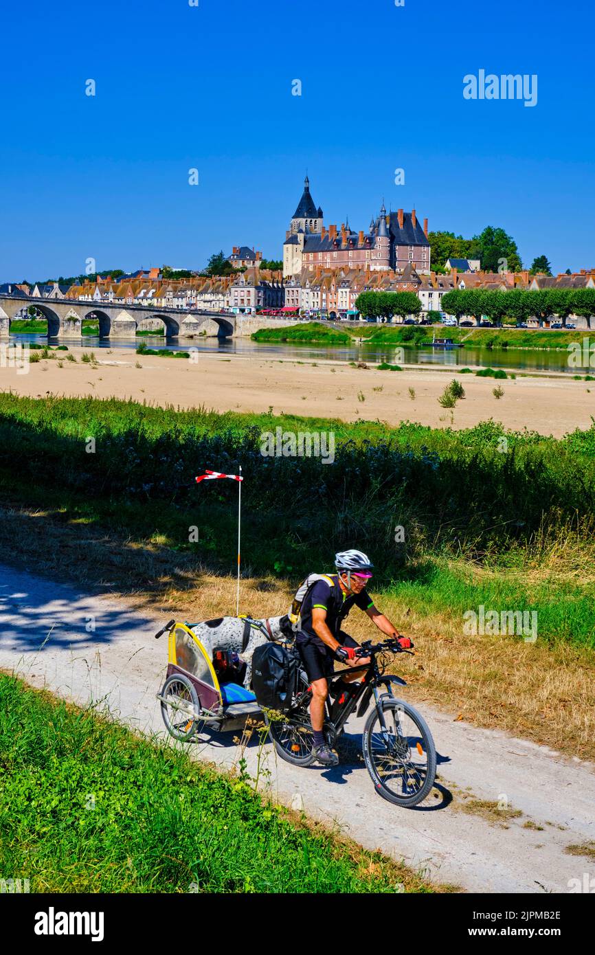 France, Loiret (45), Gien, l'église Saint Jeanne d'Arc, le château et les rives de la Loire Banque D'Images