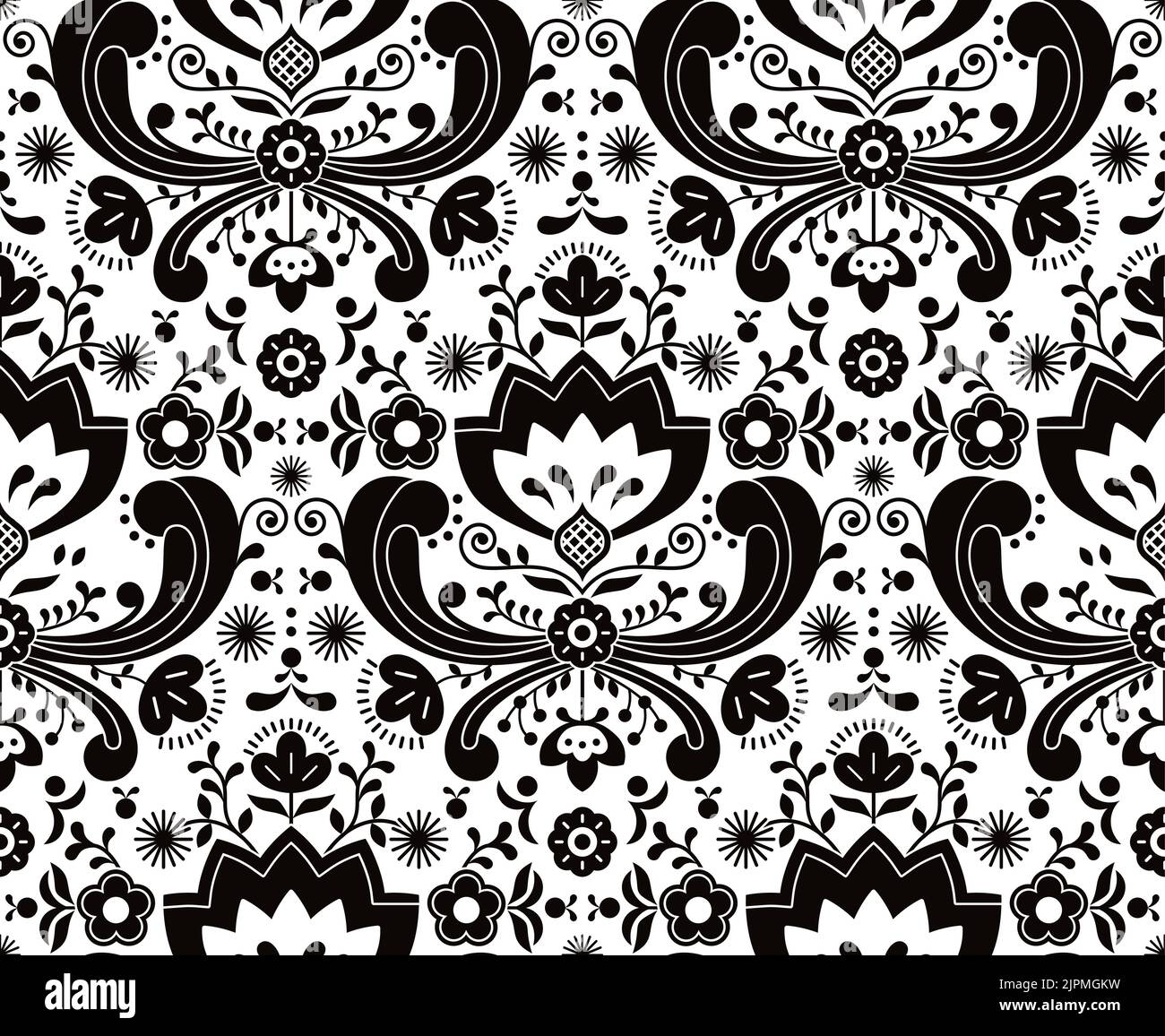 Norwegian folk art vector sans couture - motif brodé de style Rosemaling en noir et blanc Illustration de Vecteur
