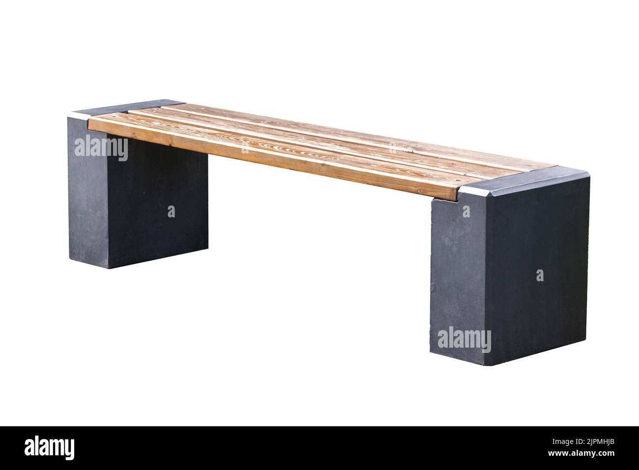 Banc en bois avec base en pierre. Isolé sur un fond blanc. Banque D'Images