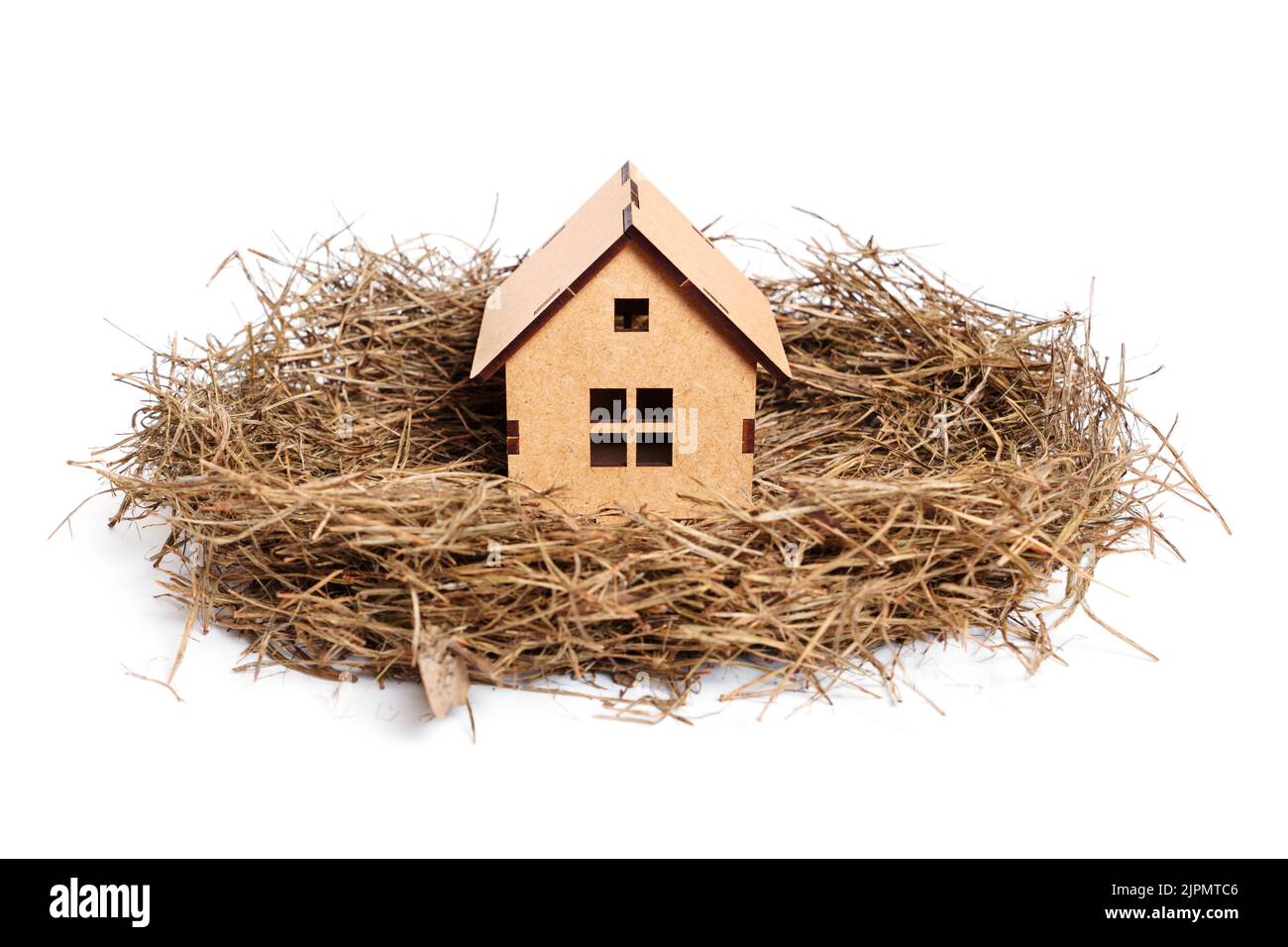 Modèle de maison fraîchement construit placé dans un nid d'oiseau isolé sur blanc. Concept de famille. Banque D'Images