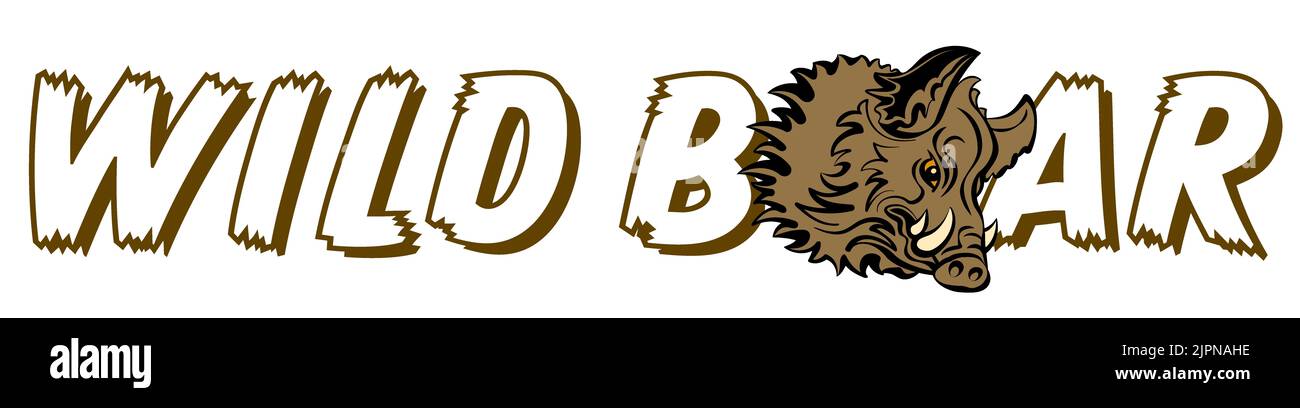 SANGLIER en lettres majuscules, avec un symbole de porc sauvage avec une fourrure déchiquetée, des fangs pointus, un look dangereux et menaçant. Illustration, noir et blanc. Banque D'Images