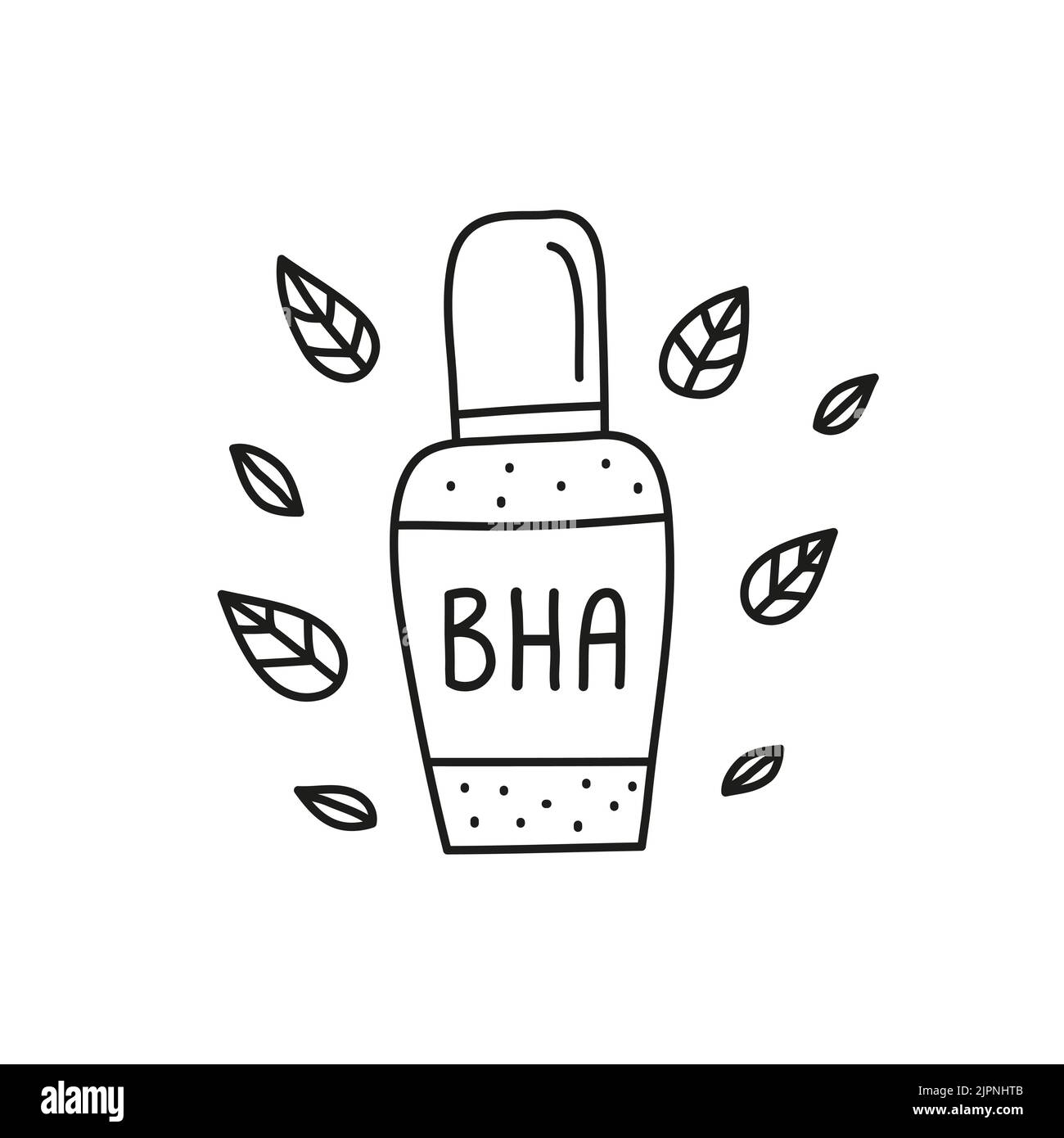 Doodle bha dans une bouteille cosmétique et des feuilles autour isolées sur fond blanc. Illustration de Vecteur