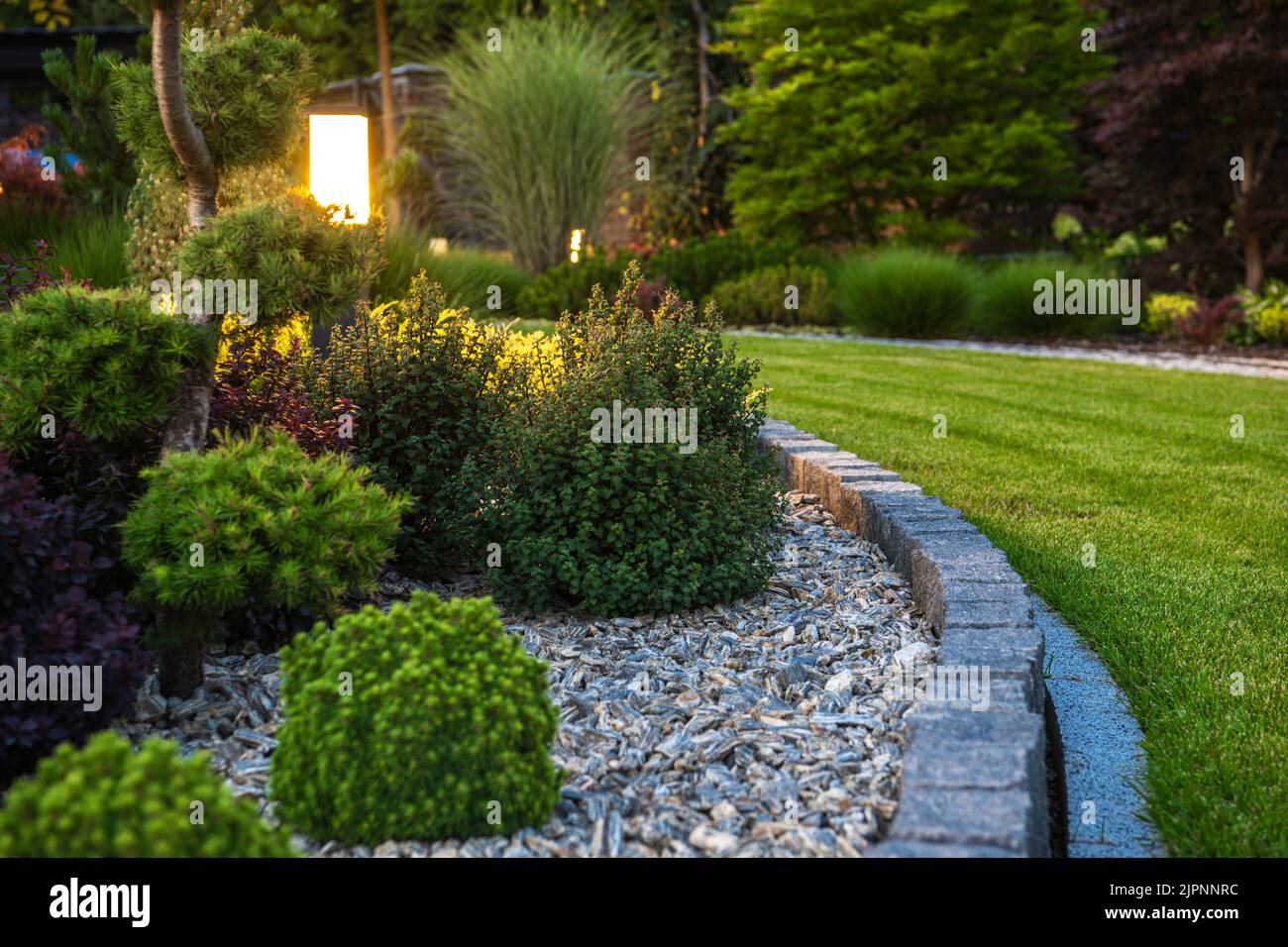 Moderne illuminé par des poteaux de lumière LED jardin d'arrière-cour. Plantes décoratives et petite architecture résidentielle. Banque D'Images