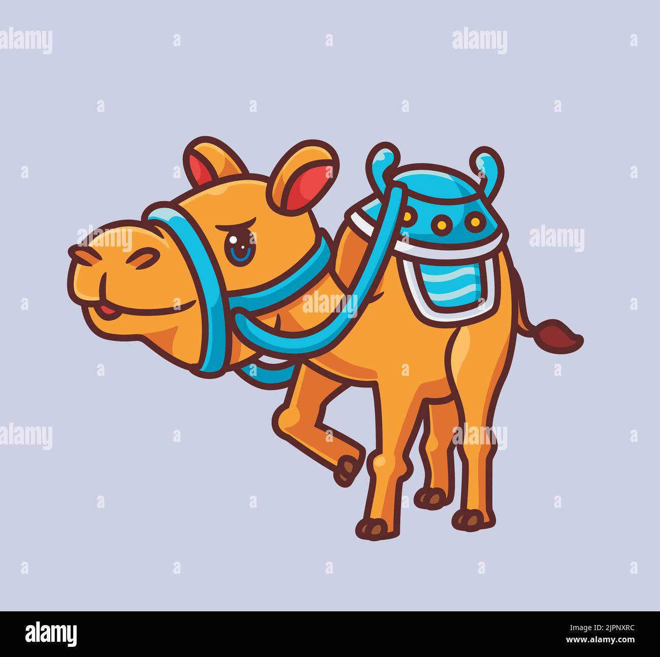 mignon équipement de chameau tapis bleu. illustration d'animal de bande dessinée isolé. Autocollant style plat Icon Design Premium logo Vector. Personnage de mascotte Illustration de Vecteur